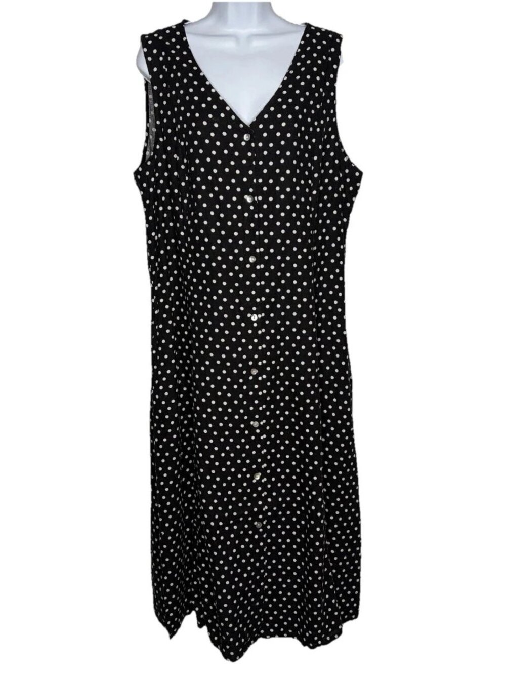 Tahari Linen Blend Midi Dress Size XL Black White Polka Dot Button Front